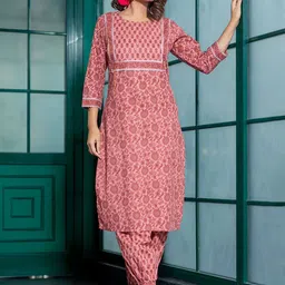 AKS Floral Printed Regular Gotta Patti Pure Cotton Straight Kurta With Harem Pants-picture-53