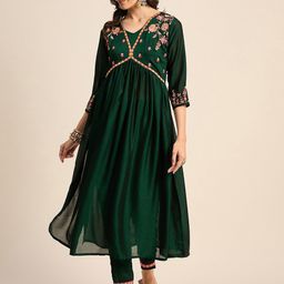 SheWill Green Floral Yoke Design Thread Work A-Line Empire Kurta With Trousers-image-3