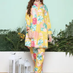 Bhama Couture Floral Printed Shirt Collar A-Line Kurta With Trousers-image-53