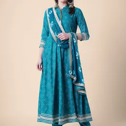 Mollar Women Bandhani Printed Empire Kurta With Trousers & Dupatta-13