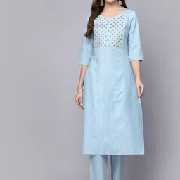 Stylum Blue Floral Yoke Design Thread Work Kurta With Trousers-20