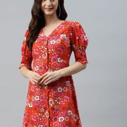 plusS Orange & Pink Floral Print A-Line Mini Dress-image-13