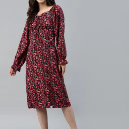 plusS Black & Red Floral Print Tie-Up Neck A-Line Midi Dress-image-70