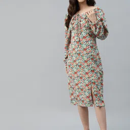 plusS Off White & Blue Floral Print Tie-Up Neck A-Line Midi Dress-image-95