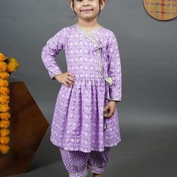 Maaikid Girls Floral Printed Gotta Patti Angrakha Pure Cotton Kurta with Trousers-image-69
