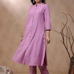 KALINI Mandarin Collar Mirror Work Pure Cotton Kurta with Trousers-44