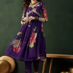 Sangria V Neck Embroidered A-Line Kurta With Trouser-picture-21