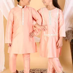 VASTRAMAY Girls Pink Embroidered Mirror Work Kurta And Pant Set-image-6