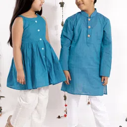 VASTRAMAY Girls Blue Pure Cotton Kurta And Straight Pant-17