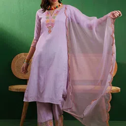 Sangria High Slit Thread Work Pure Cotton Kurta With Trouser & Dupatta-picture-40