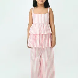 Muffin Shuffin Girls Pink Striped Peplum Top & Trousers Set-image-23