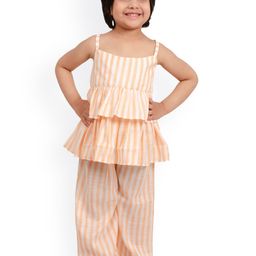 Muffin Shuffin Girls Peach & White Sleeveless Striped Peplum and Frilled Top and Pants-image-10