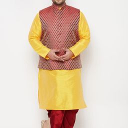VASTRAMAY Men Yellow Kurta with Dhoti Pants &Nehru Jacket-picture-58