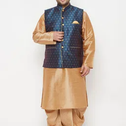 VASTRAMAY Men Rose Gold Yoke Design Layered Top with Dhoti Pants-picture-12