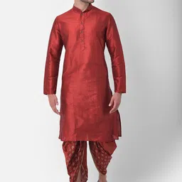DEYANN Men Red Ethnic Motifs Regular Dupion Silk Kurta with Dhoti Pants-17