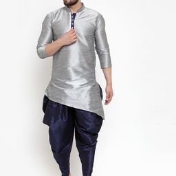 Kaifoo Men Silver-Toned Dupion Silk Kurta with Dhoti Pants-picture-7