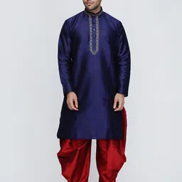 ROYAL KURTA Men Blue Floral Embroidered Dupion Silk Kurta with Pyjamas-image-27
