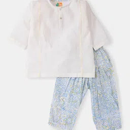 THE BABY LABEL Girls White Blue & Yellow Panelled Pure Cotton Embroidered Kurta & Hand-Block Printed Salwar-image-64