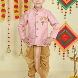 Jeetethnics Boys Mandarin Collar Woven Design Zari Kurta with Dhoti Pants-image-36