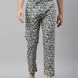 Joven Men Grey and Yellow Printed Cotton Lounge Pants-image-39