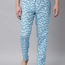 Joven Men Blue & White Printed Cotton Lounge Pants-picture-37