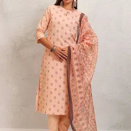 KETCH Floral Printed Keyhole Neck Straight Kurta with Trousers & Dupatta-41