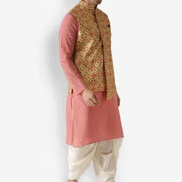 KISAH Men Peach-Coloured & Off-White Kurta with Dhoti Pants & Nehru Jacket image 4