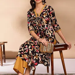 Anouk Black Floral Printed Pleated Kurta With Palazzos-picture-42