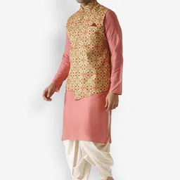 KISAH Men Peach-Coloured & Off-White Kurta with Dhoti Pants & Nehru Jacket image 5