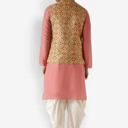 KISAH Men Peach-Coloured & Off-White Kurta with Dhoti Pants & Nehru Jacket image 3