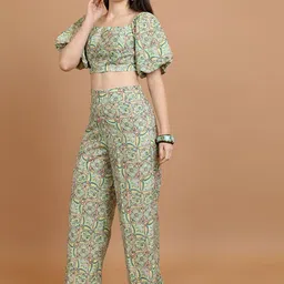 Vishudh Printed Off Shoulder Crop Top With Trousers image 2