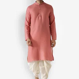 KISAH Men Peach-Coloured & Off-White Kurta with Dhoti Pants & Nehru Jacket image 2