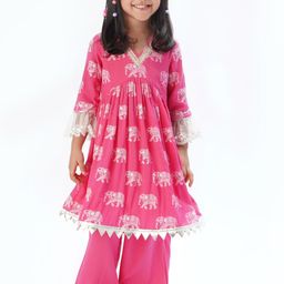 LIL DRAMA Girls Animal Printed V-Neck Anarkali Kurta with Trousers-image-85
