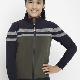 CHIMPRALA Girls Navy Blue Olive Green Striped Water Resistant Sporty Jacket-image-54