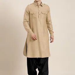 TheEthnic.Co Shirt Collar Pathani Pure Cotton Kurta With Patiala-image-87