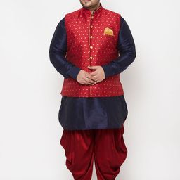 VASTRAMAY Men Plus Size Navy Blue And Maroon Kurta With Patiala & Jacket-30