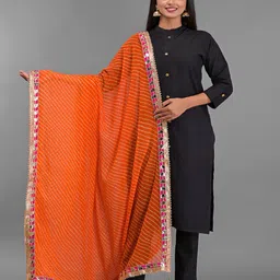 Apratim Orange & Off White Printed Art Silk Leheriya Dupatta with Gotta Patti-32