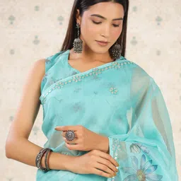 Ode by House of Pataudi Turquoise Blue Floral Printed Mirror Work Organza Saree-image-72