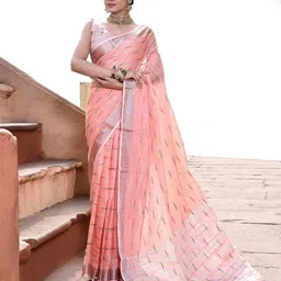elora Ethnic Motifs Woven Design Zari Pure Linen Ikat Saree-image-5