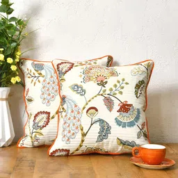 Clasiko White & Blue 2 Pcs Floral Square Cushion Covers-14