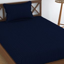 UrbanArts Navy Blue Striped 200 TC Single Bedsheet With 1 Pillow Cover-image-78