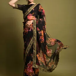 Mitera Floral Printed Embroidered Sequinned Saree-19