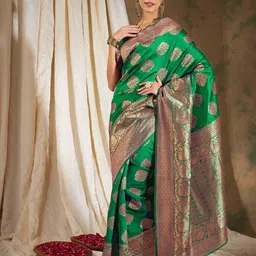 Sangria Green Ethnic Motifs Woven Design Zari Banarasi Saree-39