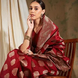 Sangria Red Ethnic Motifs Woven Design Zari Banarasi Saree-picture-22