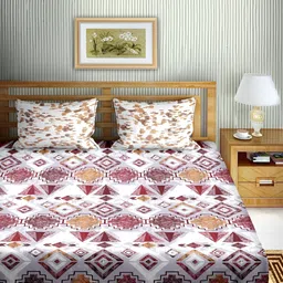 Aura Maroon & White Geometric Cotton180 TC Double Queen Bedsheet with 2 Pillow Covers-26