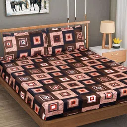 ROMEE Brown & Black Geometric Microfiber 144 TC Queen Bedsheet With 2 Pillow Covers-93