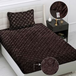FABINALIV Coffee Brown Geometric 300 TC Single Fitted Bedsheet with Pillow Cover-image-77