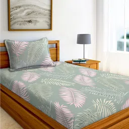 AEROHAVEN Green & Pink Floral Cotton 240 TC Single Bedsheet With 1 Pillow Cover-image-2