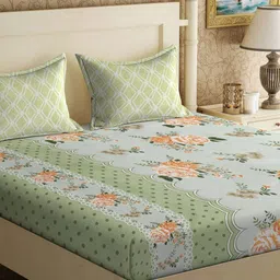 KLOTTHE Green & Orange Floral Printed 300TC Double Bedsheet With 2 Pillow Covers-image-6