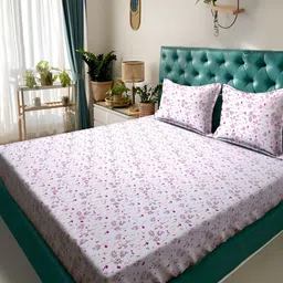 KLOTTHE White & Purple Floral Printed 300 TC Double King Bedsheet With 2 Pillow Covers-image-68